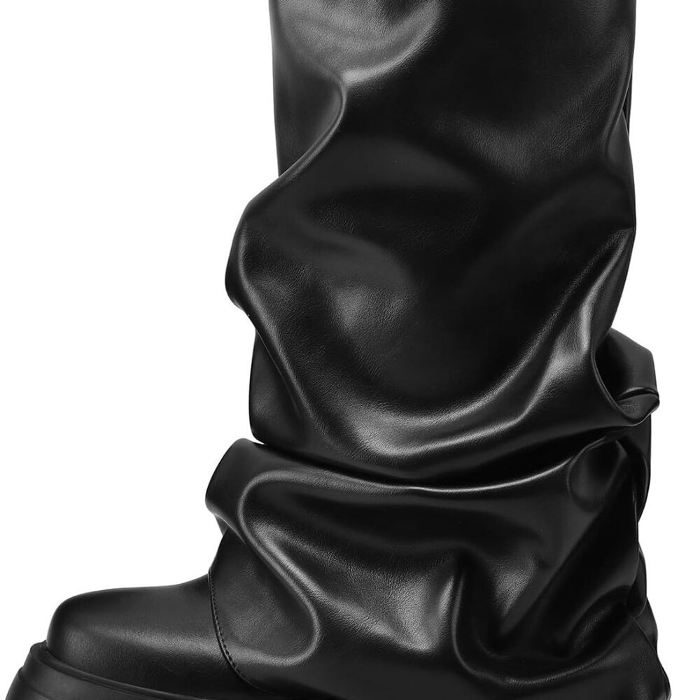Women's Fold Over Boots - Black - Size 6 - Mid Calf - Chunky Platform With Glitt